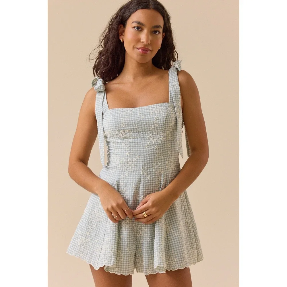 Altar'd State Size Medium Sage Green Gingham Floral Embroidered Tie Strap Romper - Picture 1 of 9